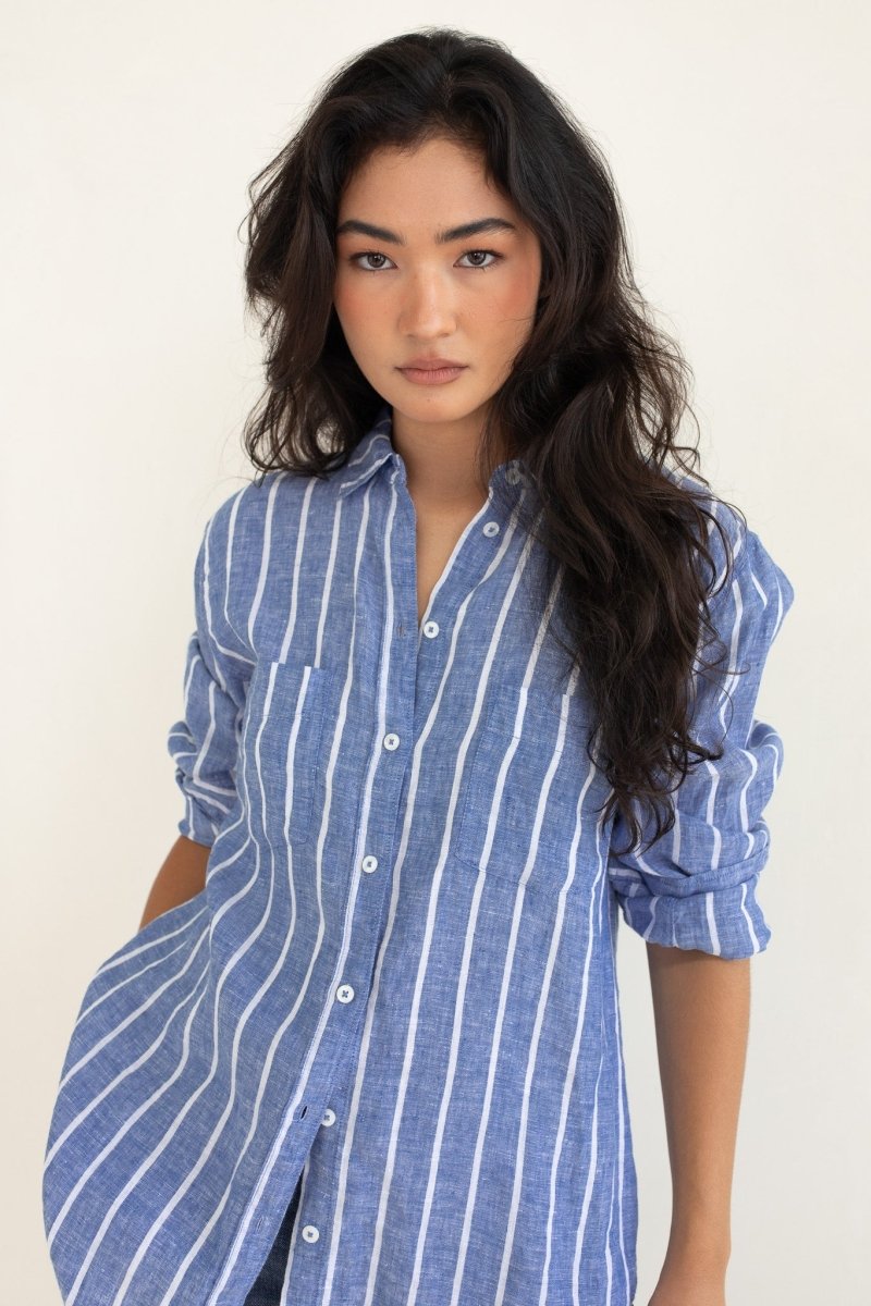 Marine Stripe Boyfriend Linen Shirt Hut