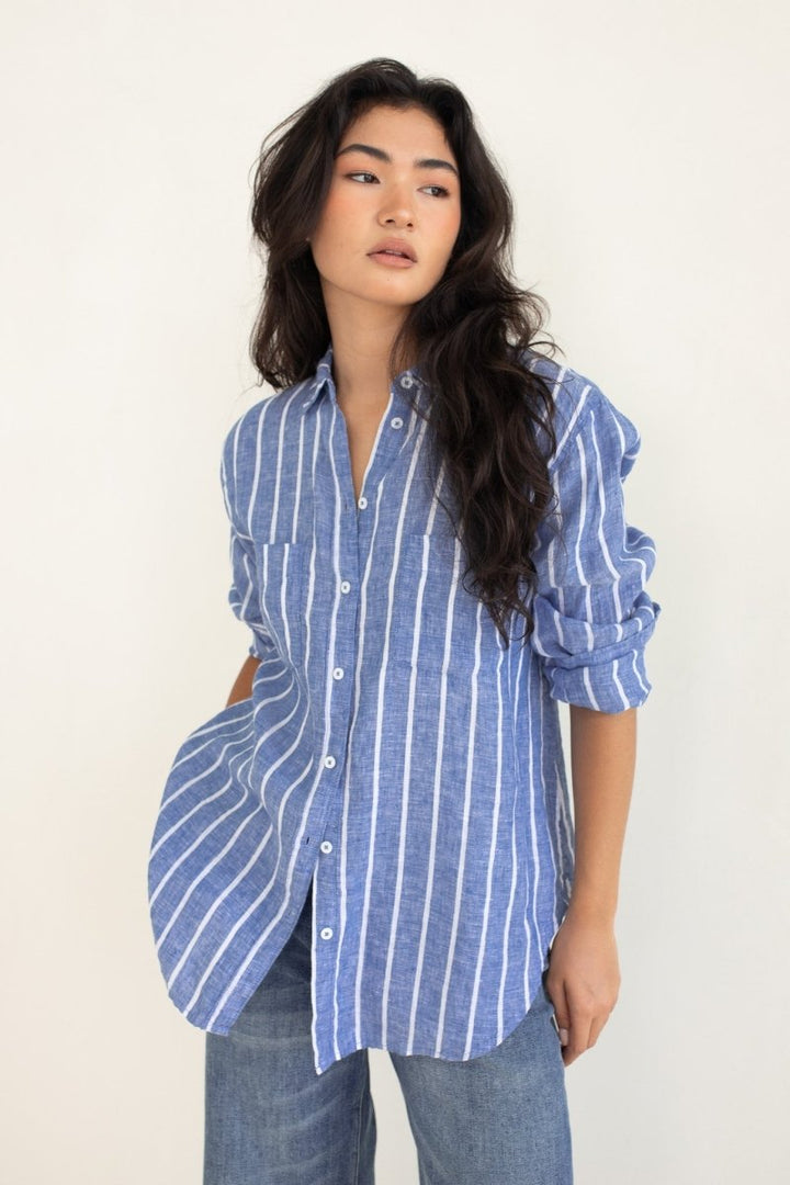 Marine Stripe Boyfriend Linen Shirt Hut