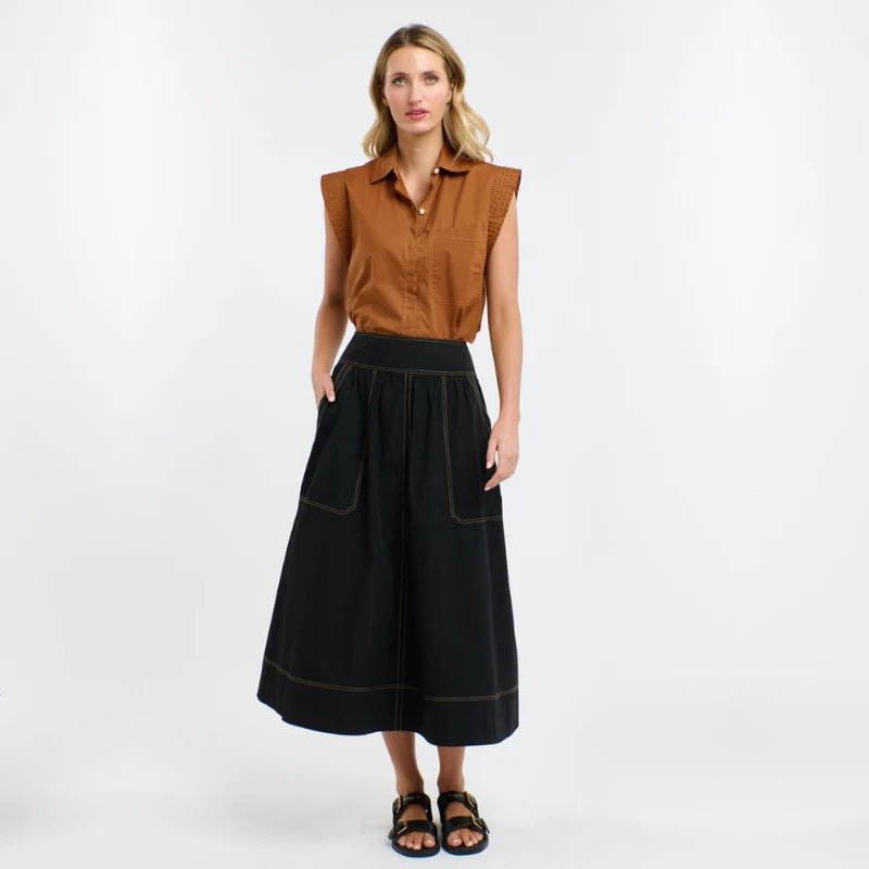 Marion Cotton Skirt - Black with Butterscotch Stitching 365 days
