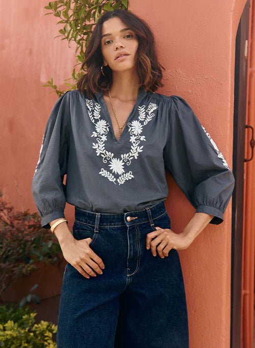 Mexican Embroidered Blouse Grey General Marie Louise De Monteray
