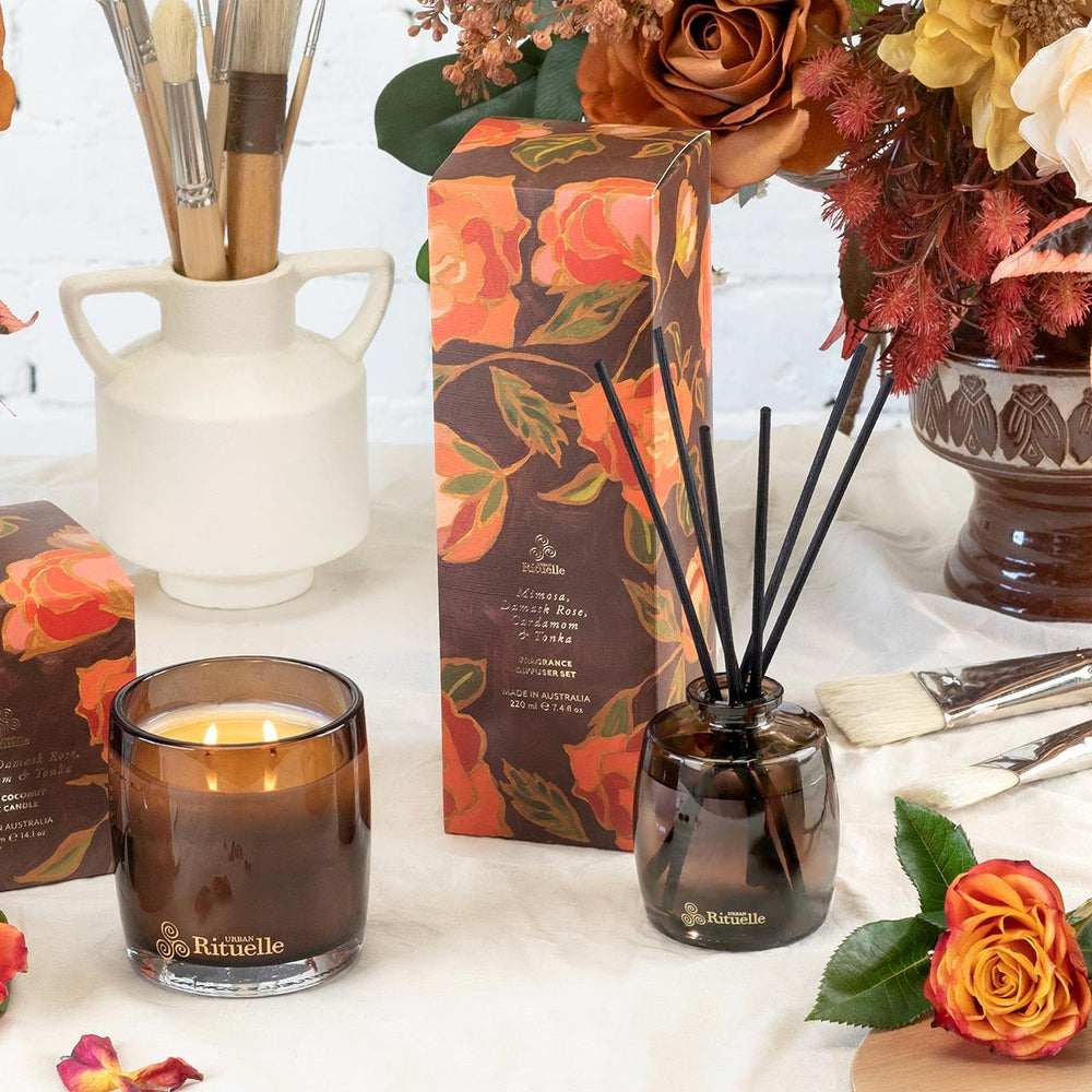 Mimosa, Damask Rose, Cardamom & Tonka Fragrance Diffuser Set | 220ml Candles Urban Rituelle