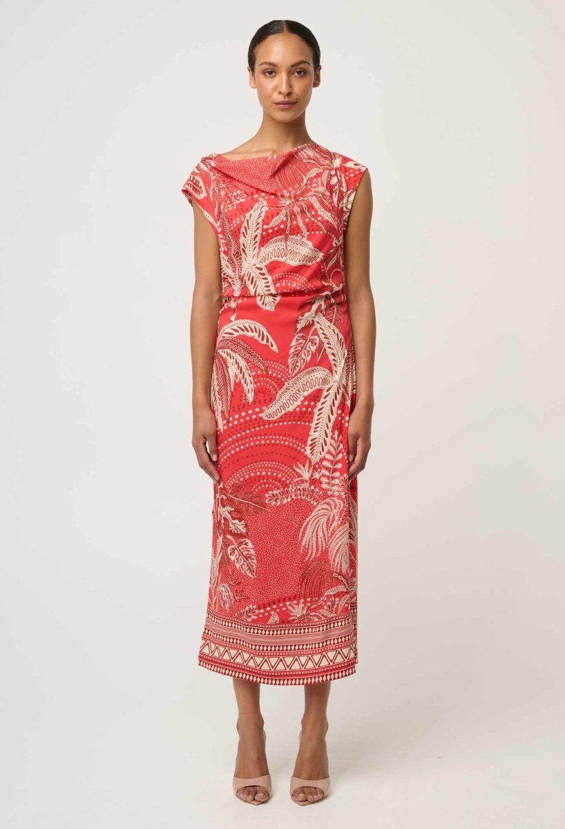 Monique Draped Neck Cupro Viscose Stretch Column Dress in Crimson Palms Once Was
