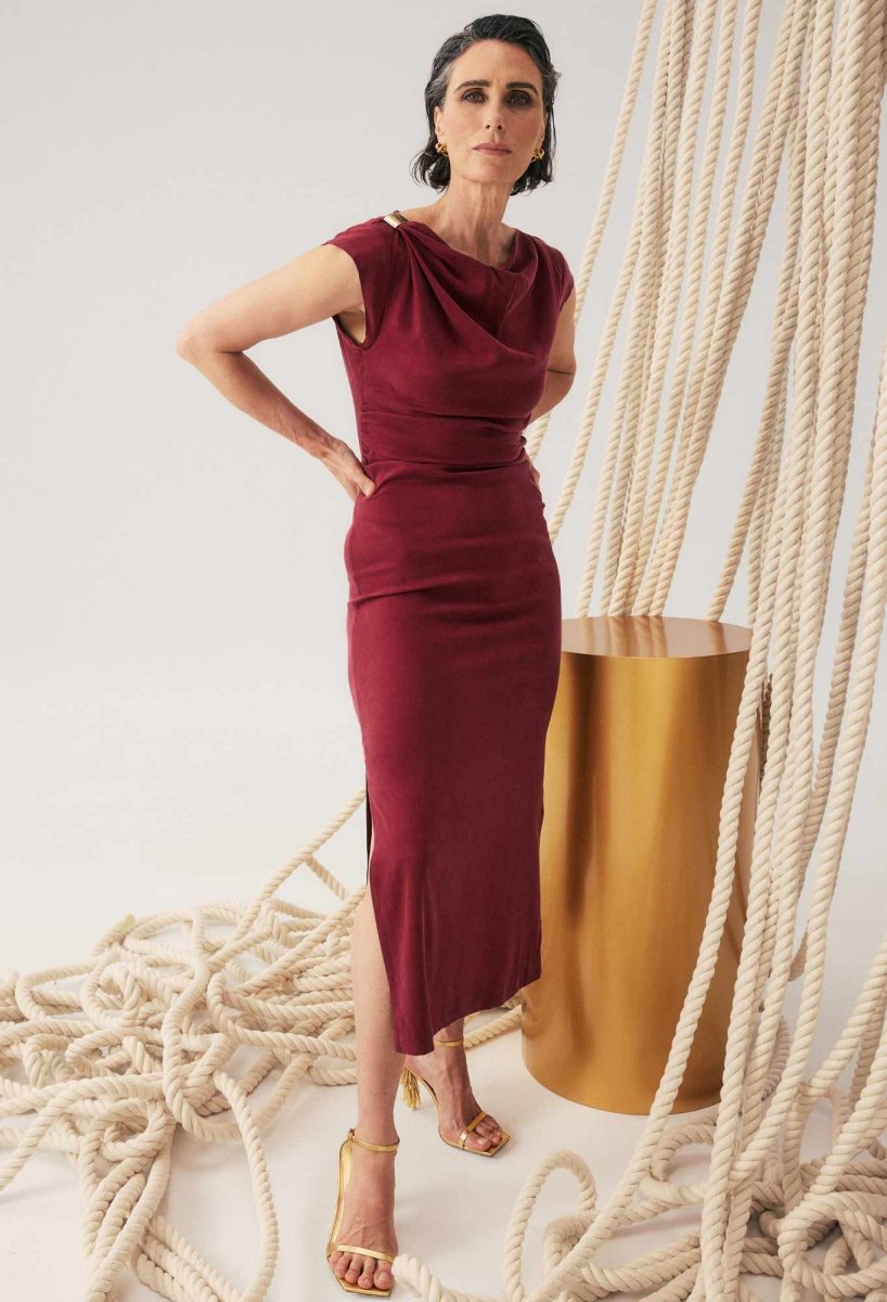 Monique Draped Neck Gold Column Dress - Ruby Dress Once Was