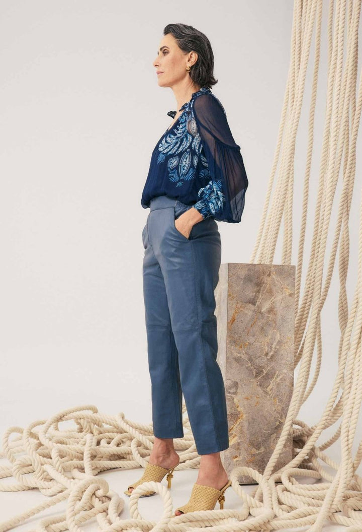 Montoya Cropped Leather Straight Leg Pant - Stonewashed Blue Pant Once Was