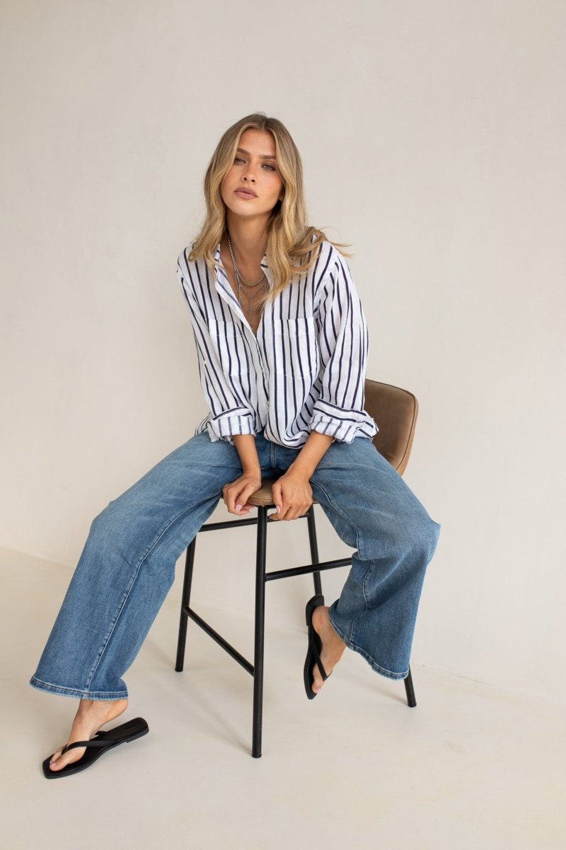 Navy and White Stripe Boyfriend Linen Shirt shirt Hut