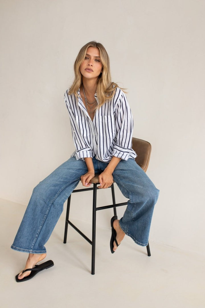 Navy and White Stripe Boyfriend Linen Shirt shirt Hut