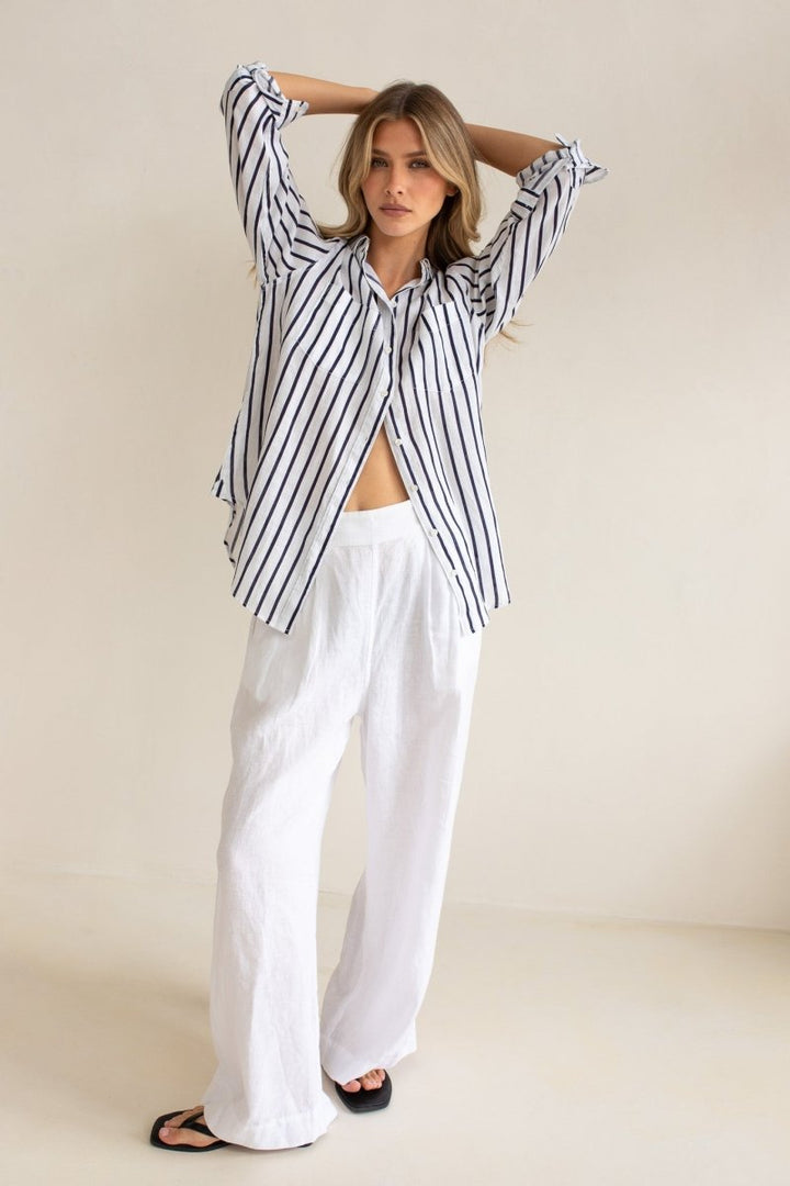 Navy and White Stripe Boyfriend Linen Shirt shirt Hut