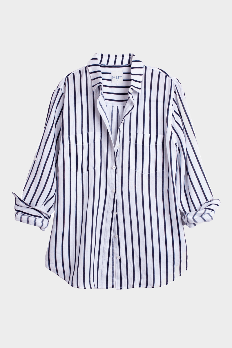 Navy and White Stripe Boyfriend Linen Shirt shirt Hut