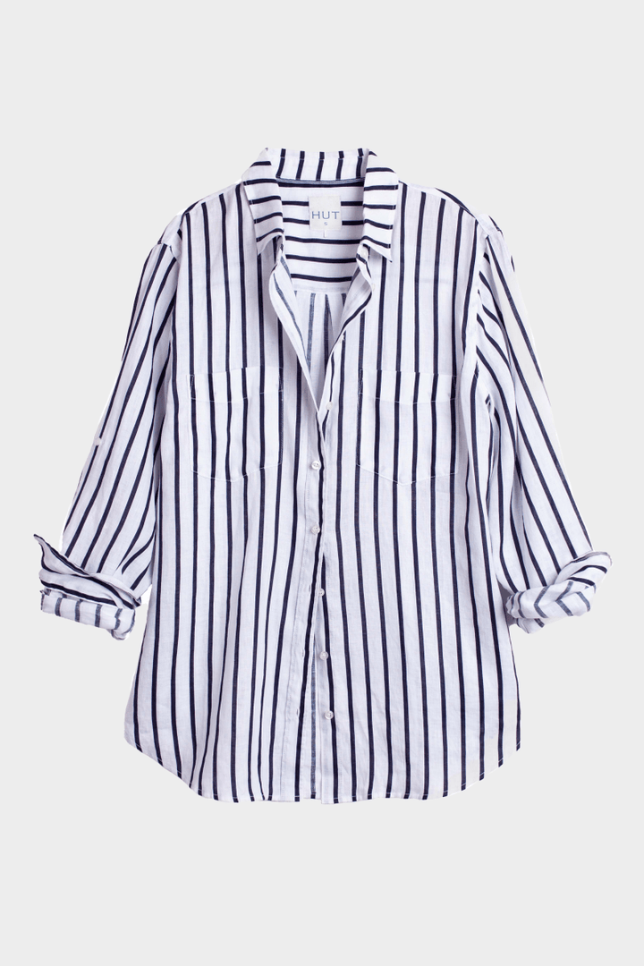 Navy and White Stripe Boyfriend Linen Shirt shirt Hut