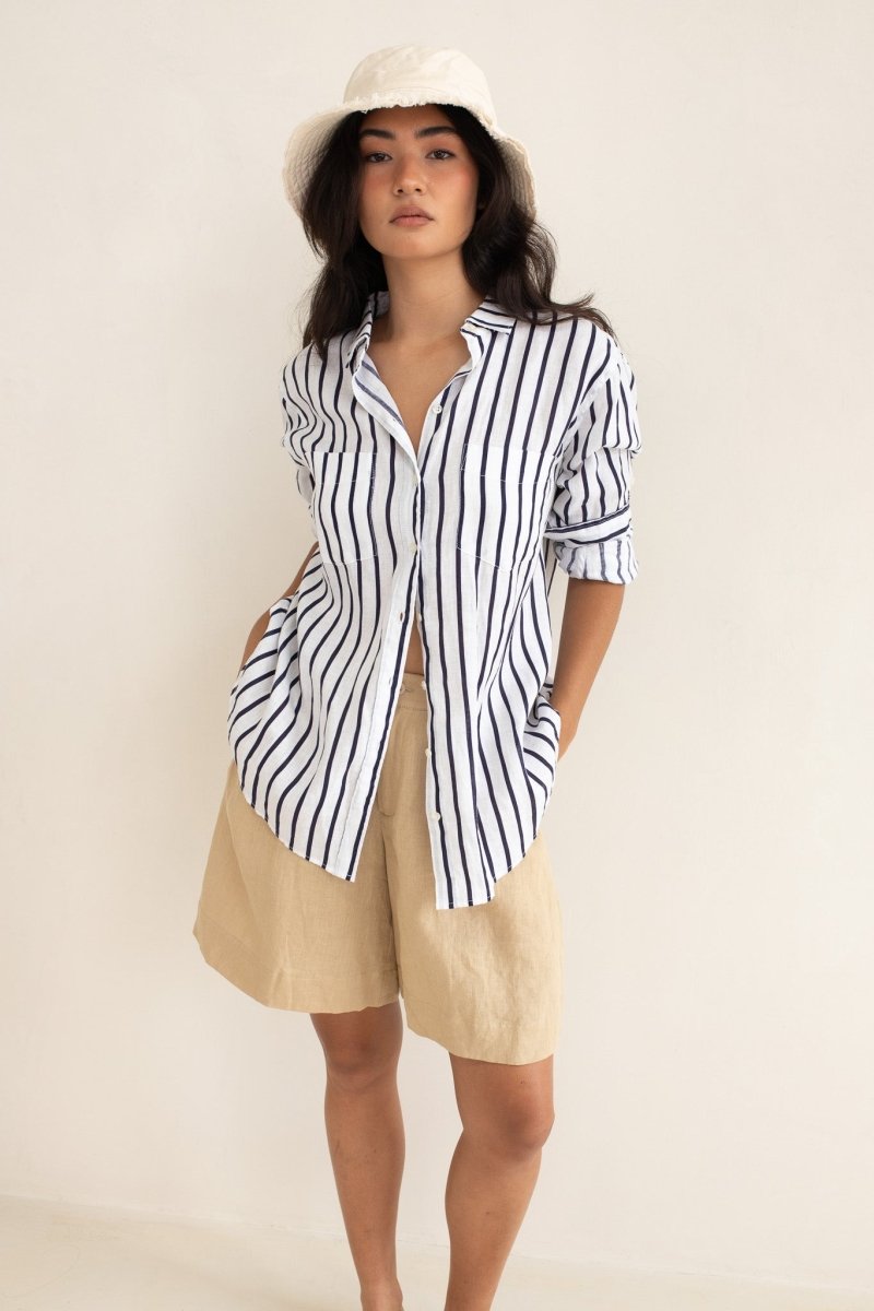 Navy and White Stripe Boyfriend Linen Shirt shirt Hut