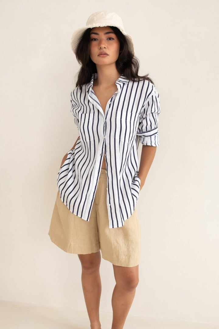 Navy and White Stripe Boyfriend Linen Shirt shirt Hut