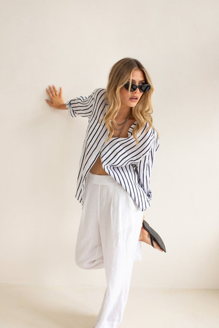 Navy and White Stripe Boyfriend Linen Shirt shirt Hut