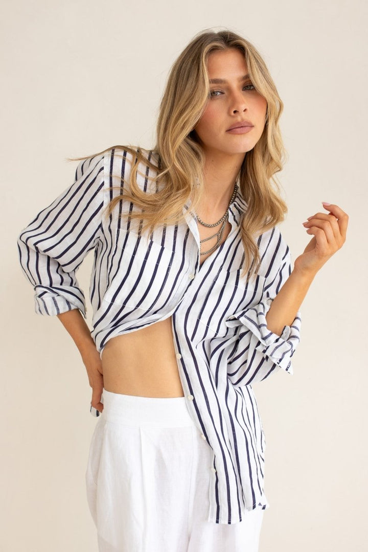 Navy and White Stripe Boyfriend Linen Shirt shirt Hut