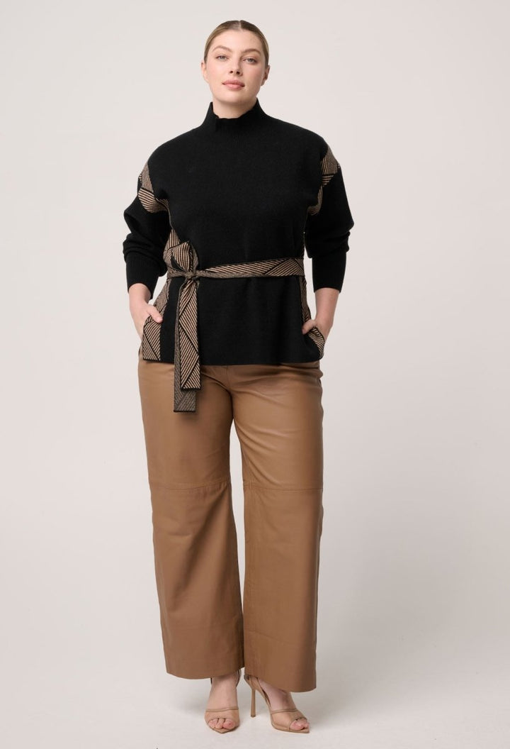 Nomadic High Neck Wool Viscose Blend Sweater in Black Chevron knit Once Was