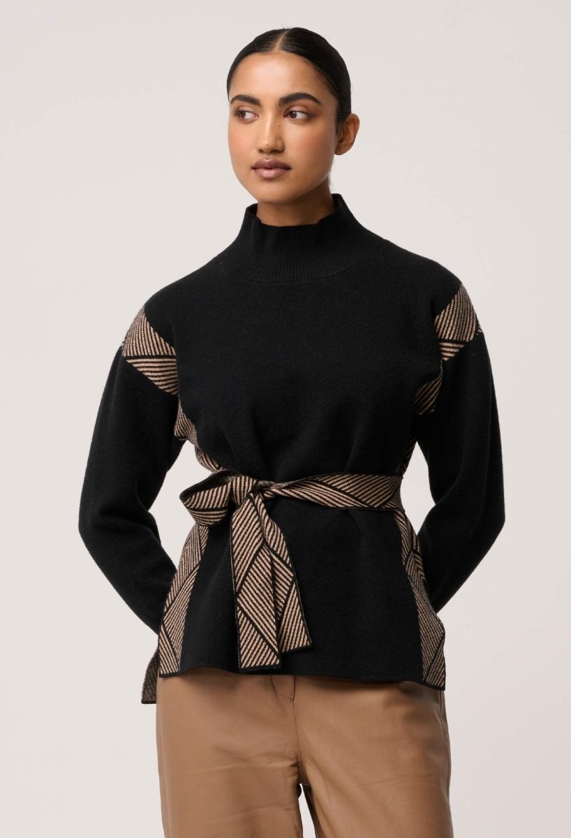 Nomadic High Neck Wool Viscose Blend Sweater in Black Chevron knit Once Was