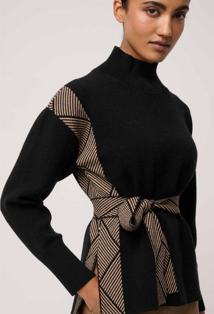 Nomadic High Neck Wool Viscose Blend Sweater in Black Chevron knit Once Was