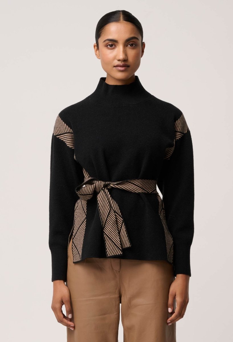 Nomadic High Neck Wool Viscose Blend Sweater in Black Chevron knit Once Was
