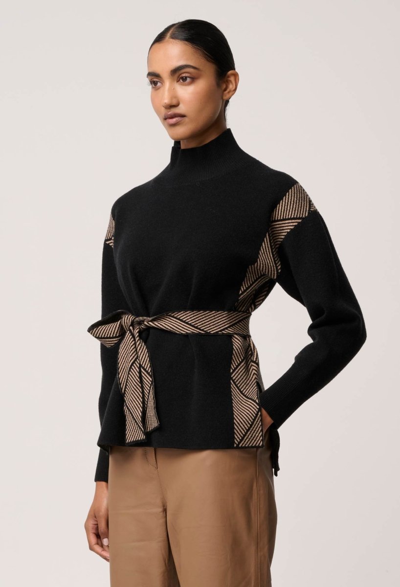 Nomadic High Neck Wool Viscose Blend Sweater in Black Chevron knit Once Was