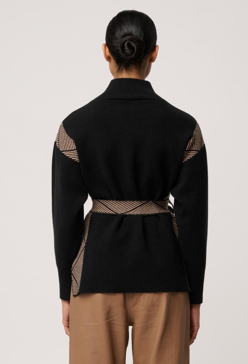 Nomadic High Neck Wool Viscose Blend Sweater in Black Chevron knit Once Was