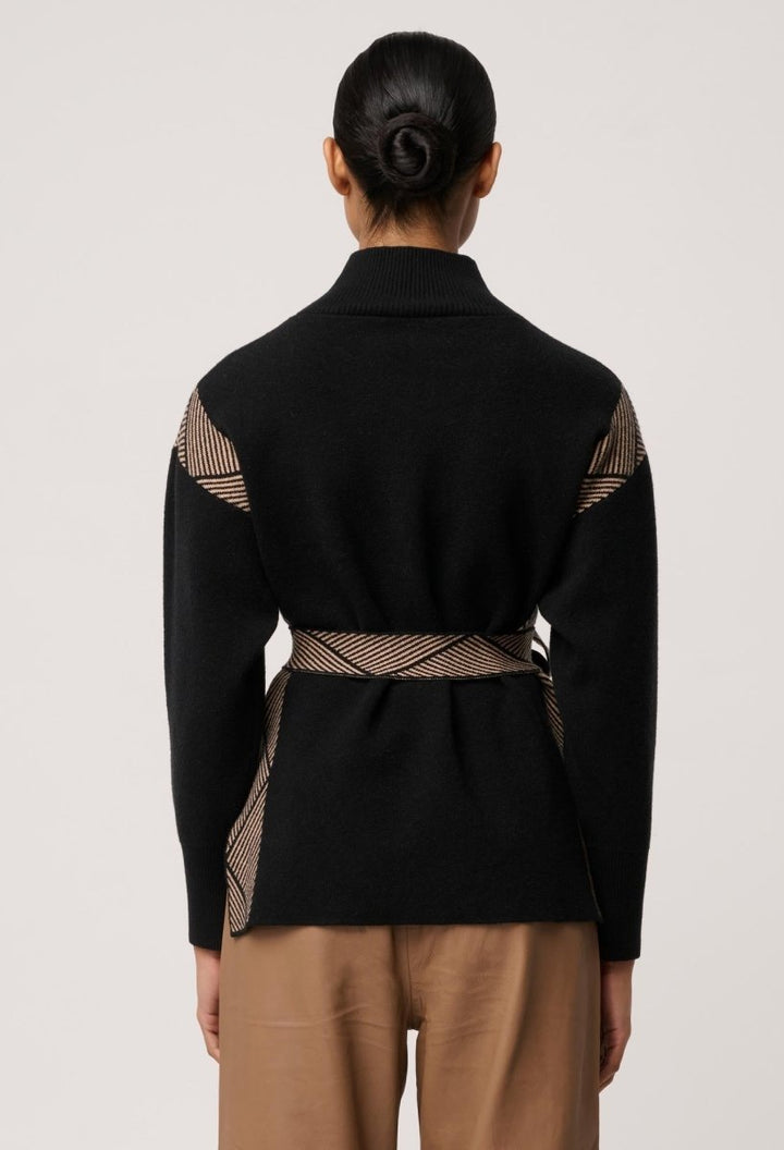 Nomadic High Neck Wool Viscose Blend Sweater in Black Chevron knit Once Was