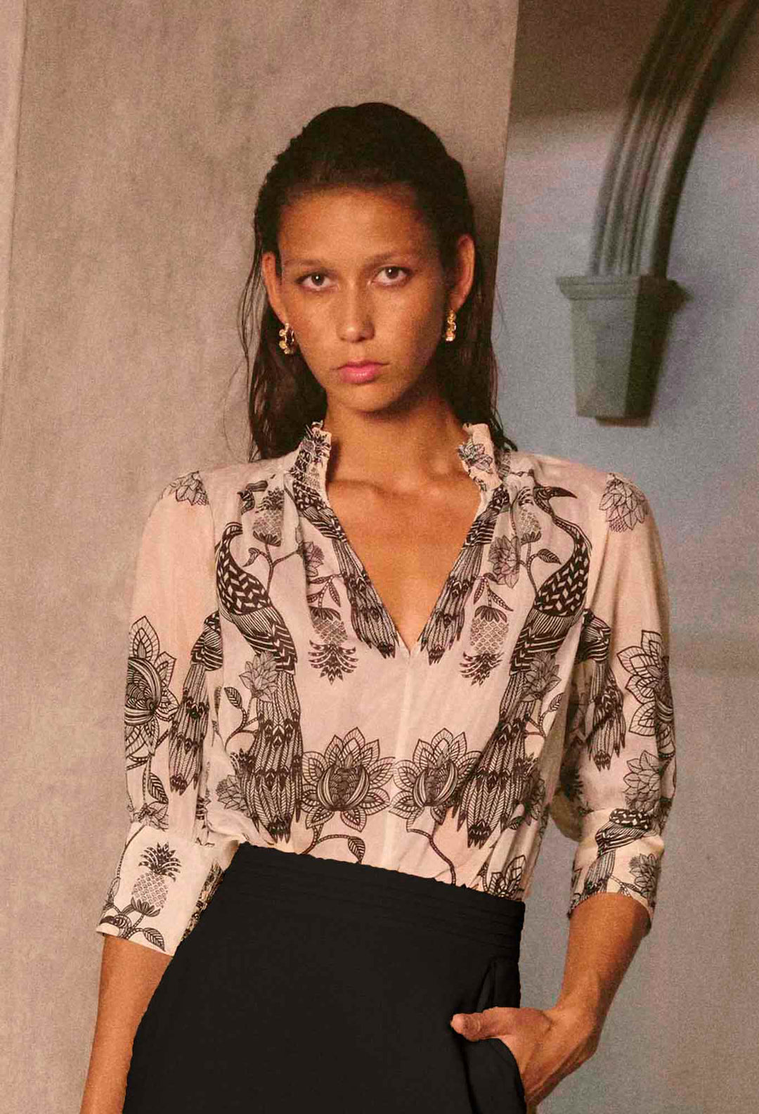 Oleander Cotton Silk Shirred Blouse in Imperial Stone blouse Once Was