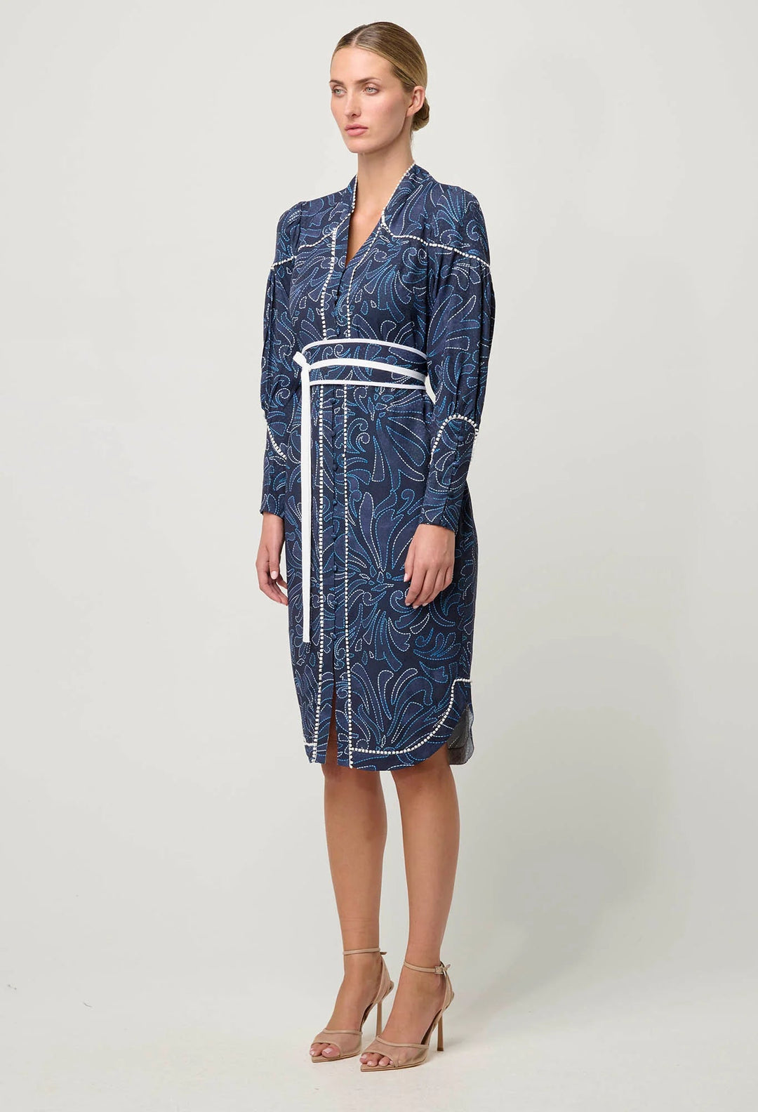 ONCE WAS Adela Contrast Lace trim Viscose Dobby Curve Hem dress - Allamira - Stanleyandstone