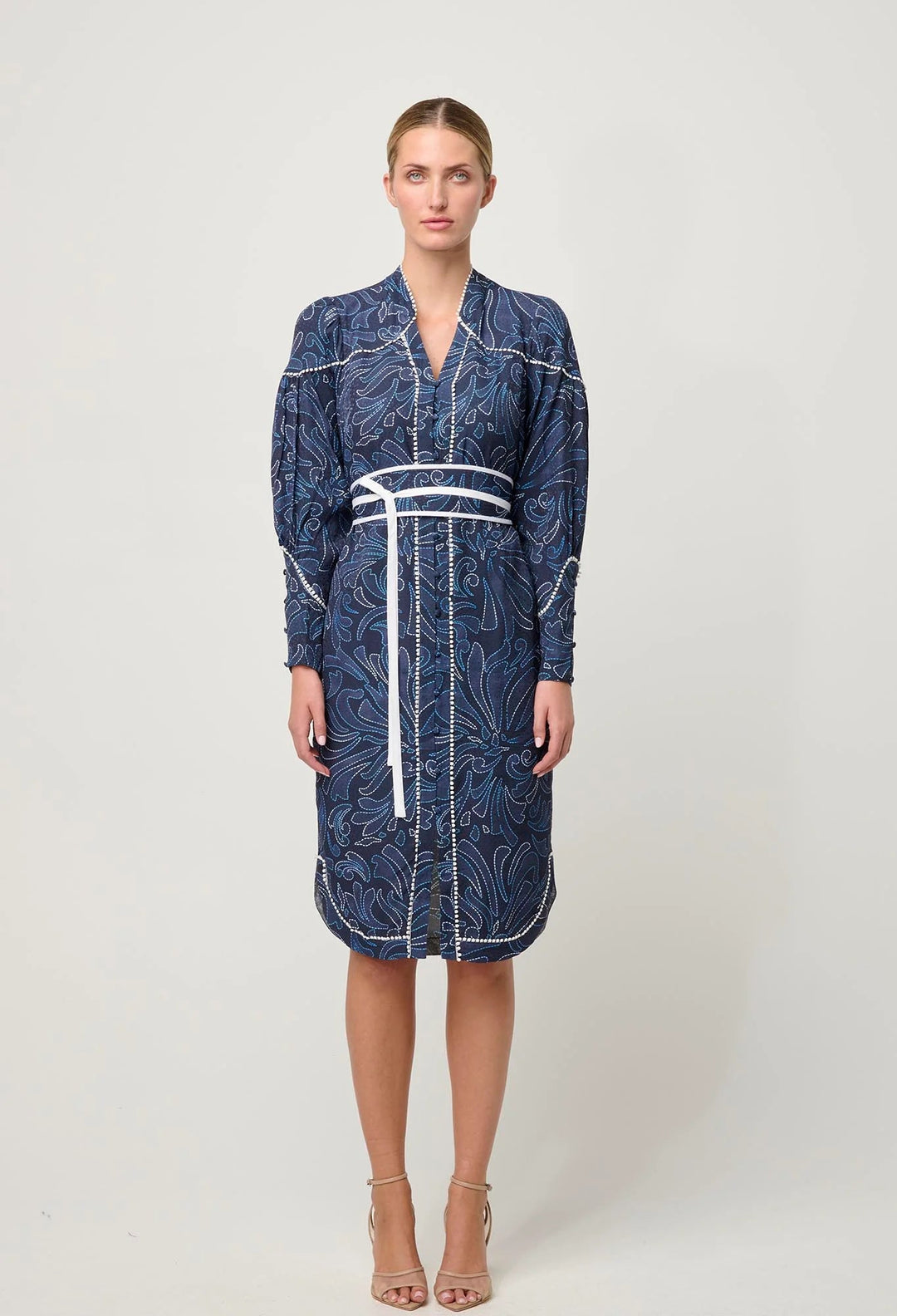 ONCE WAS Adela Contrast Lace trim Viscose Dobby Curve Hem dress - Allamira - Stanleyandstone