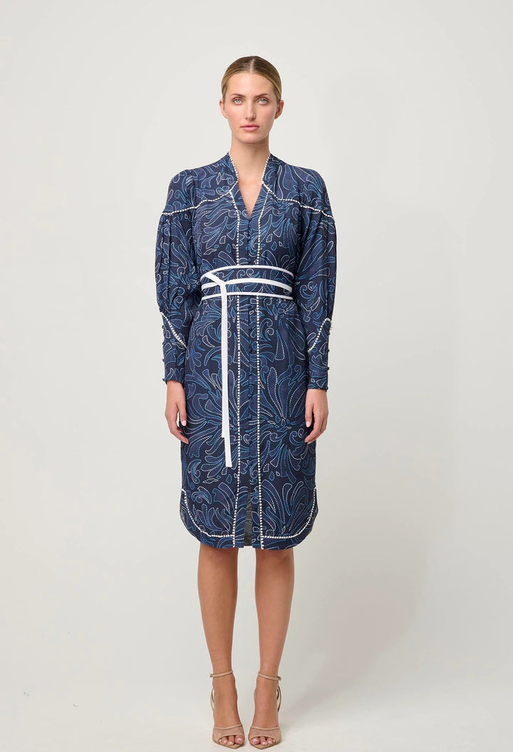ONCE WAS Adela Contrast Lace trim Viscose Dobby Curve Hem dress - Allamira - Stanleyandstone