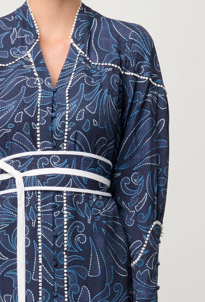 ONCE WAS Adela Contrast Lace trim Viscose Dobby Curve Hem dress - Allamira - Stanleyandstone