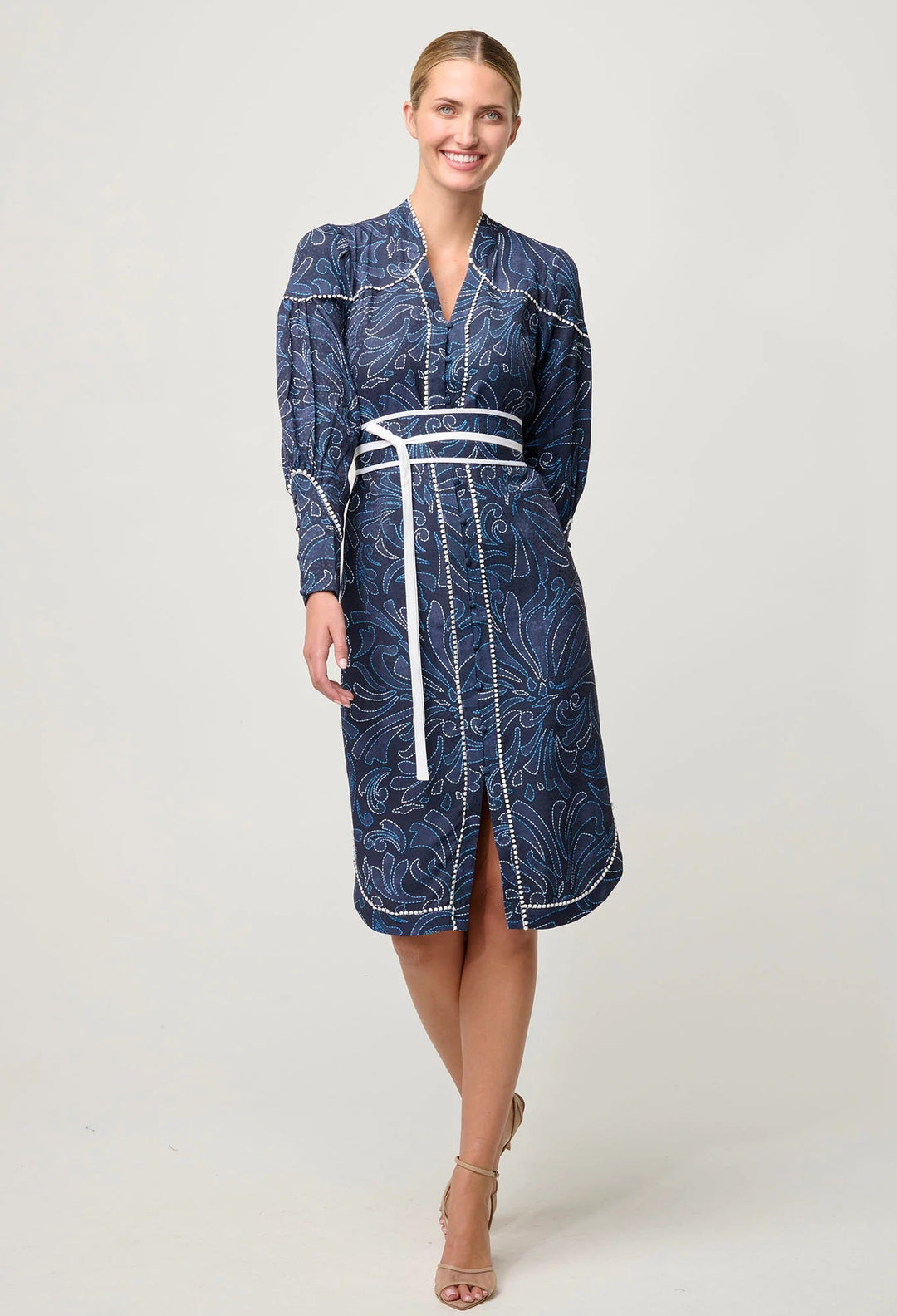 ONCE WAS Adela Contrast Lace trim Viscose Dobby Curve Hem dress - Allamira - Stanleyandstone