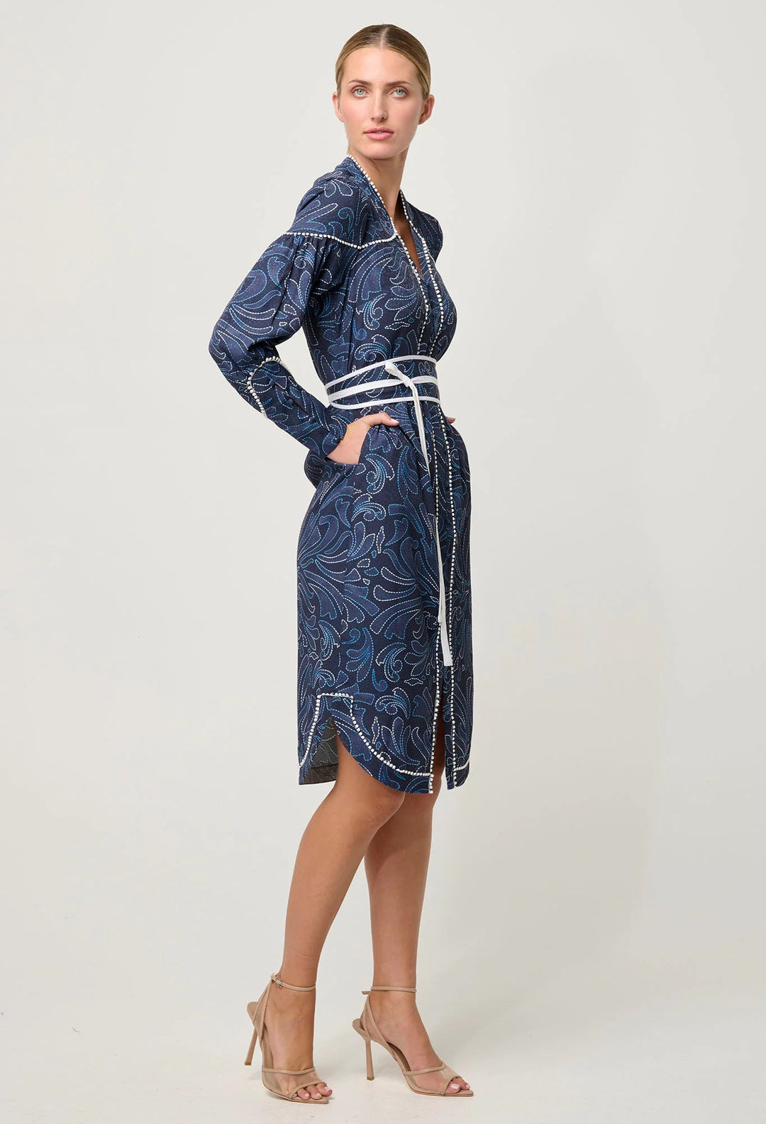 ONCE WAS Adela Contrast Lace trim Viscose Dobby Curve Hem dress - Allamira - Stanleyandstone