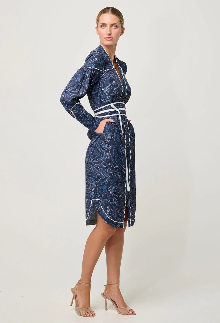 ONCE WAS Adela Contrast Lace trim Viscose Dobby Curve Hem dress - Allamira - Stanleyandstone