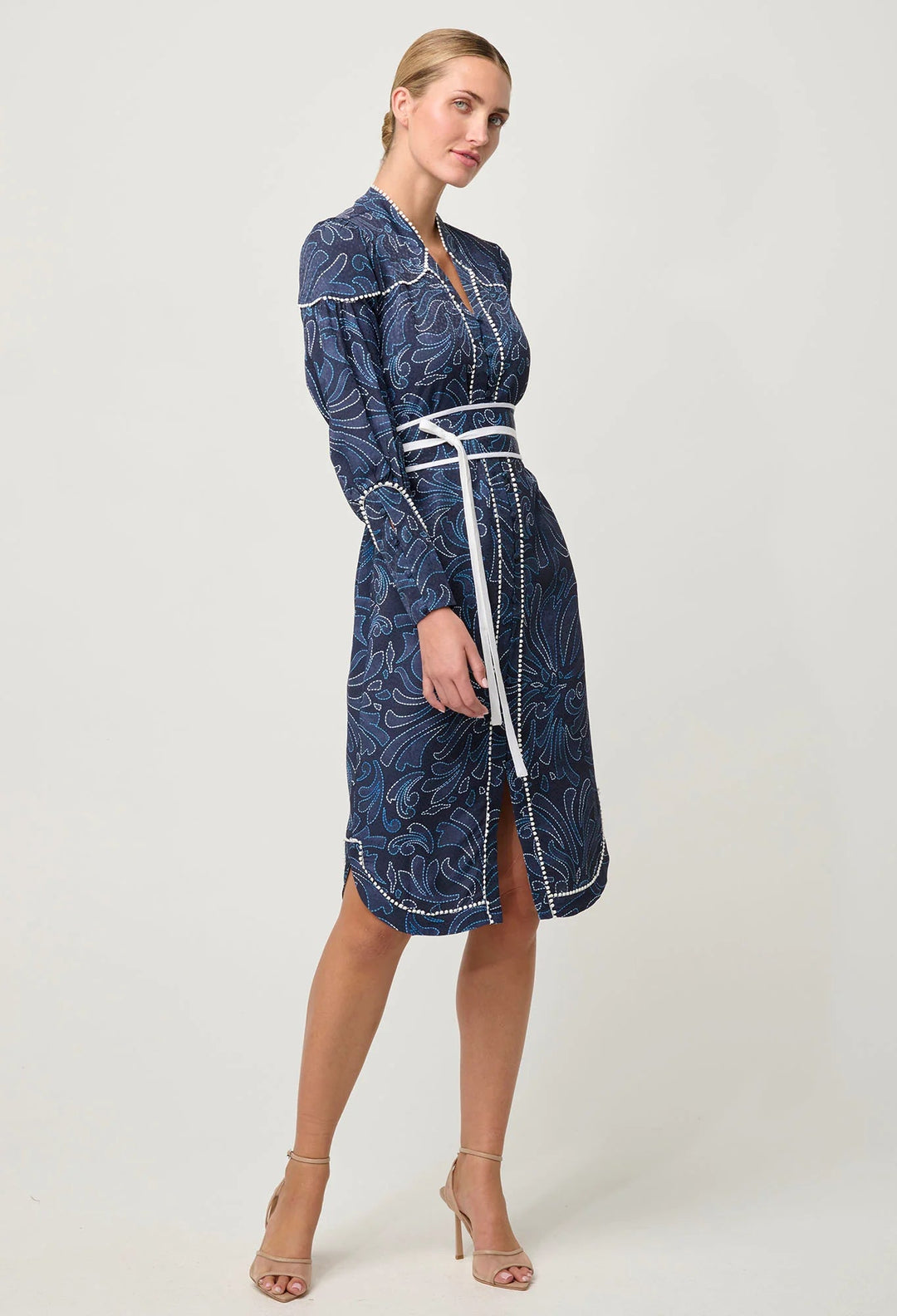 ONCE WAS Adela Contrast Lace trim Viscose Dobby Curve Hem dress - Allamira - Stanleyandstone