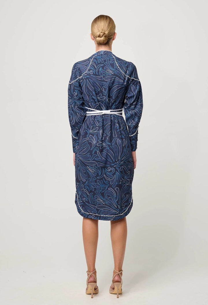 ONCE WAS Adela Contrast Lace trim Viscose Dobby Curve Hem dress - Allamira - Stanleyandstone