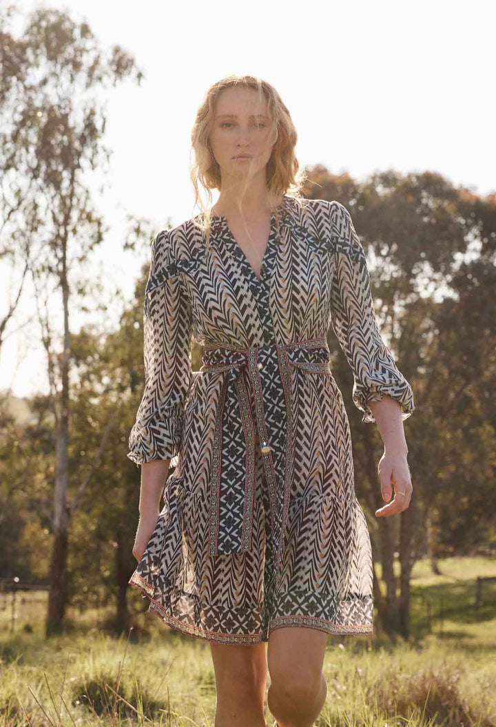 ONCE WAS Bailey Crinkle Cotton Silk Dress in Bromegrass Dress Once Was