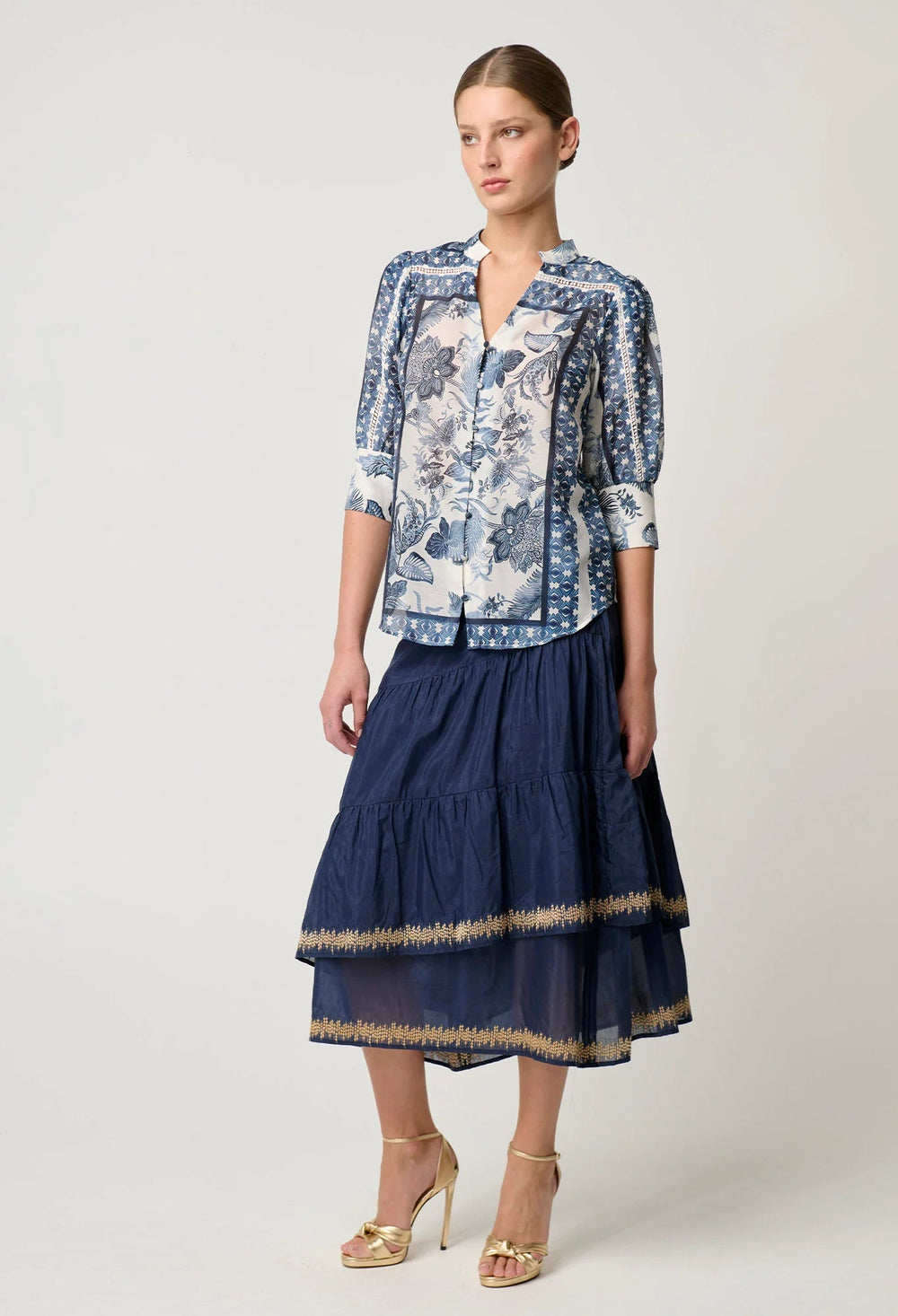 ONCE WAS Bijou Cotton Silk Shirt in Ink Flè Print Blouse Once Was