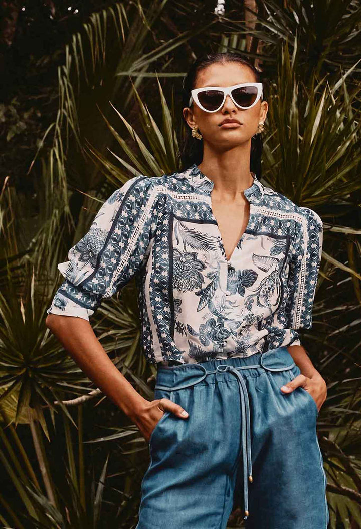 ONCE WAS Bijou Cotton Silk Shirt in Ink Flè Print Blouse Once Was