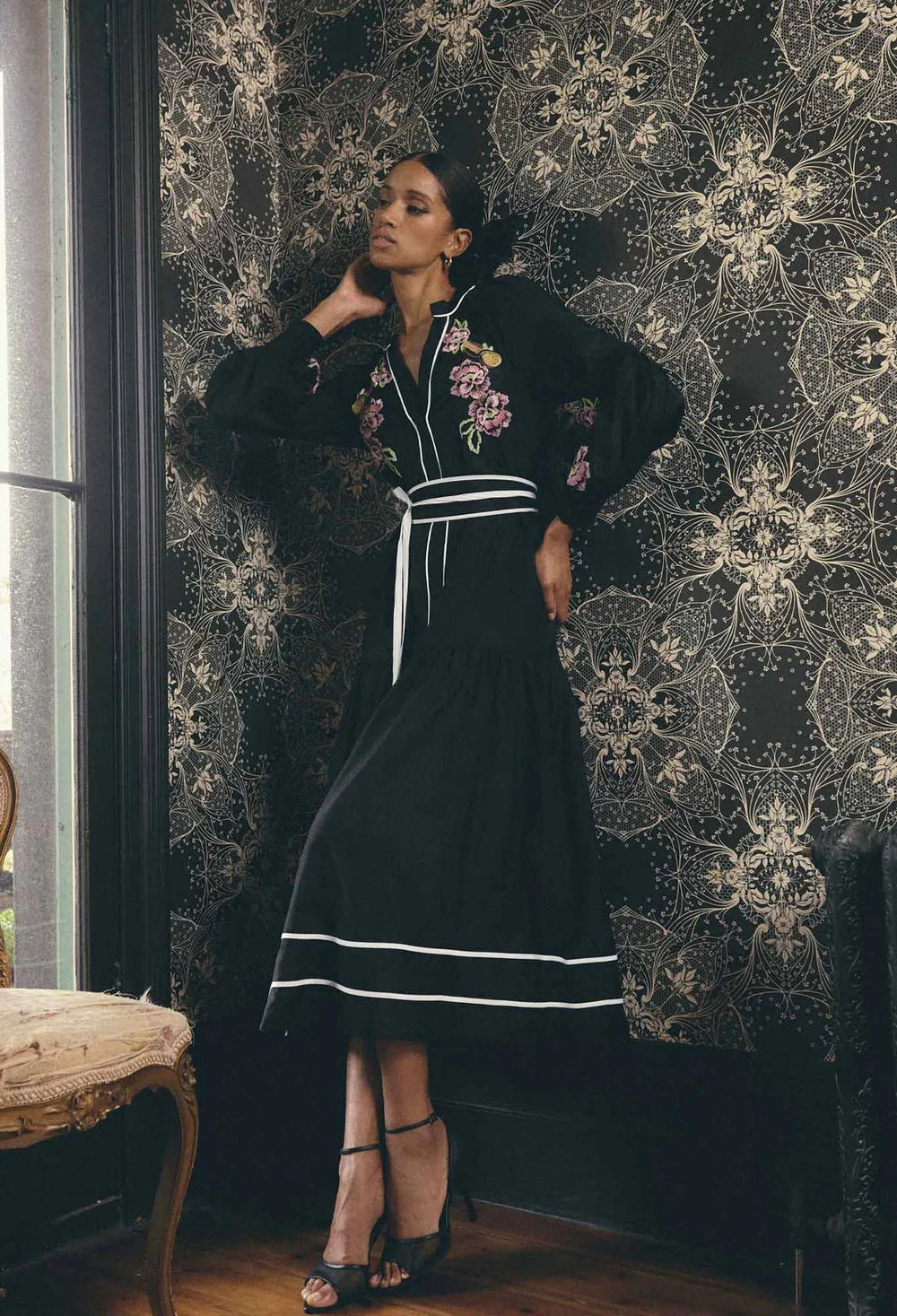 ONCE WAS Catalina Placement Embroidered cotton silk Maxi - Black flores Dress Once Was