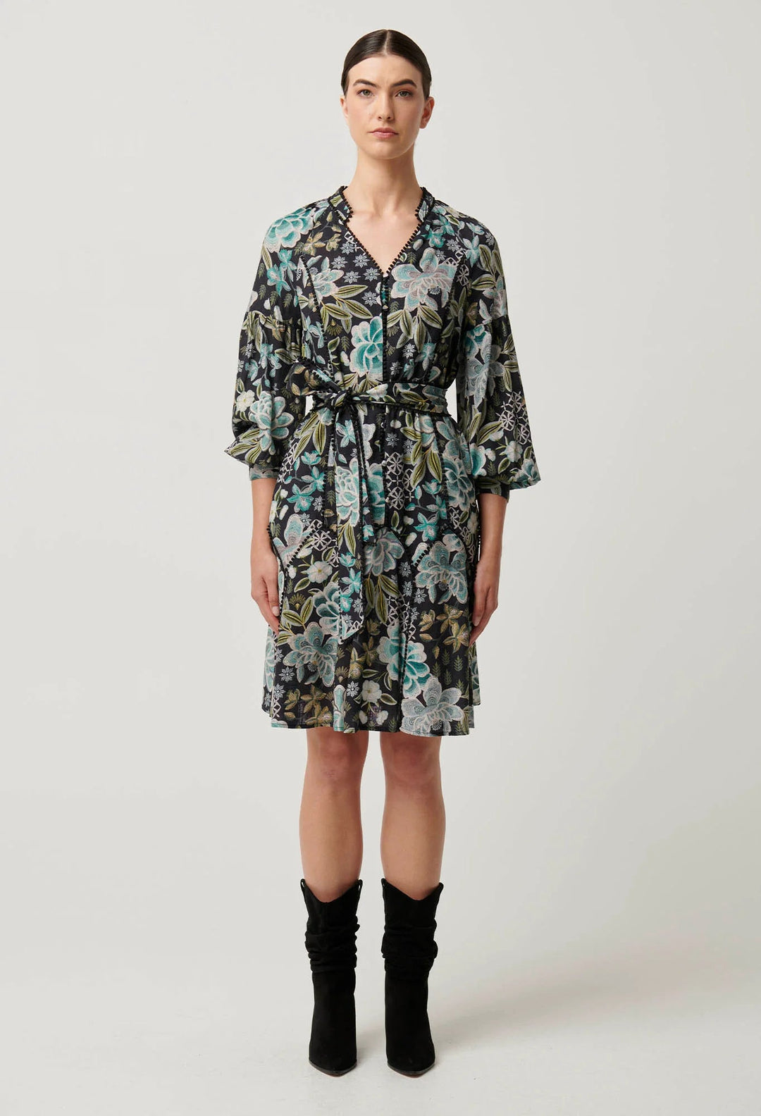 ONCE WAS Emersyn Linen Viscose Lace Panelled Dress Dahlia Fields Dress Once Was