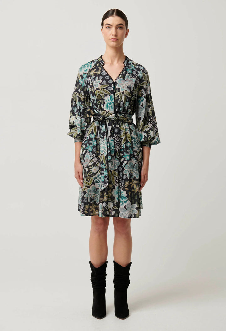 ONCE WAS Emersyn Linen Viscose Lace Panelled Dress Dahlia Fields Dress Once Was