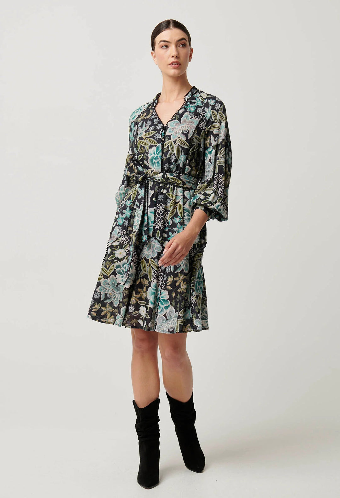 ONCE WAS Emersyn Linen Viscose Lace Panelled Dress Dahlia Fields Dress Once Was