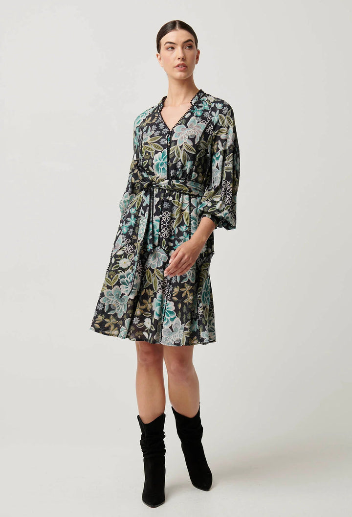 ONCE WAS Emersyn Linen Viscose Lace Panelled Dress Dahlia Fields Dress Once Was