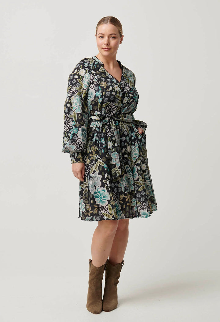 ONCE WAS Emersyn Linen Viscose Lace Panelled Dress Dahlia Fields Dress Once Was