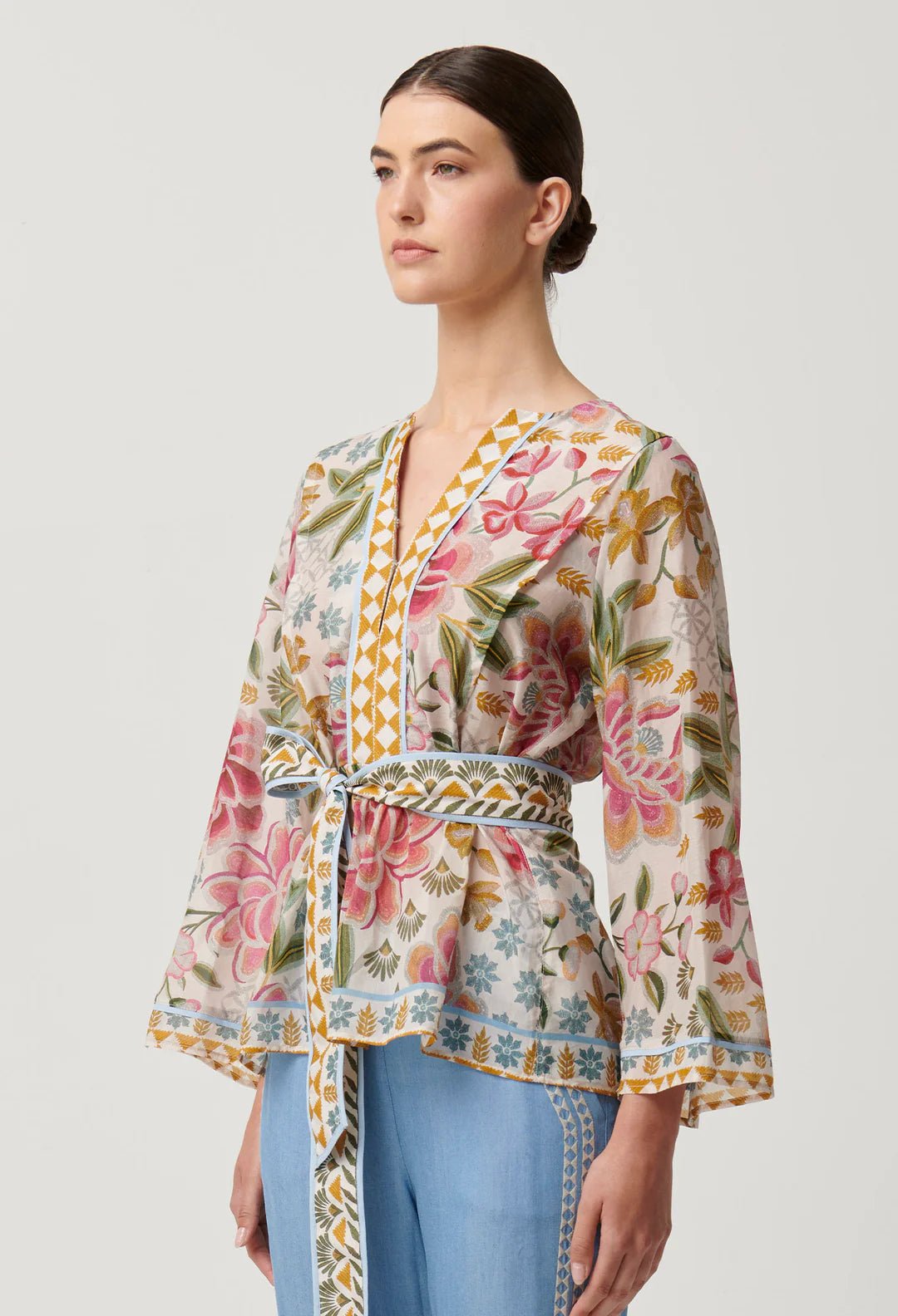 ONCE WAS Emery Cotton Silk PLacement Print Kaftan Tie Top Blouse Once Was