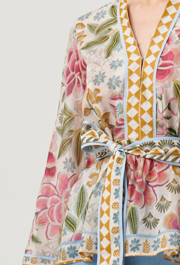 ONCE WAS Emery Cotton Silk PLacement Print Kaftan Tie Top Blouse Once Was