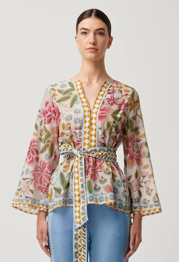 ONCE WAS Emery Cotton Silk PLacement Print Kaftan Tie Top Blouse Once Was