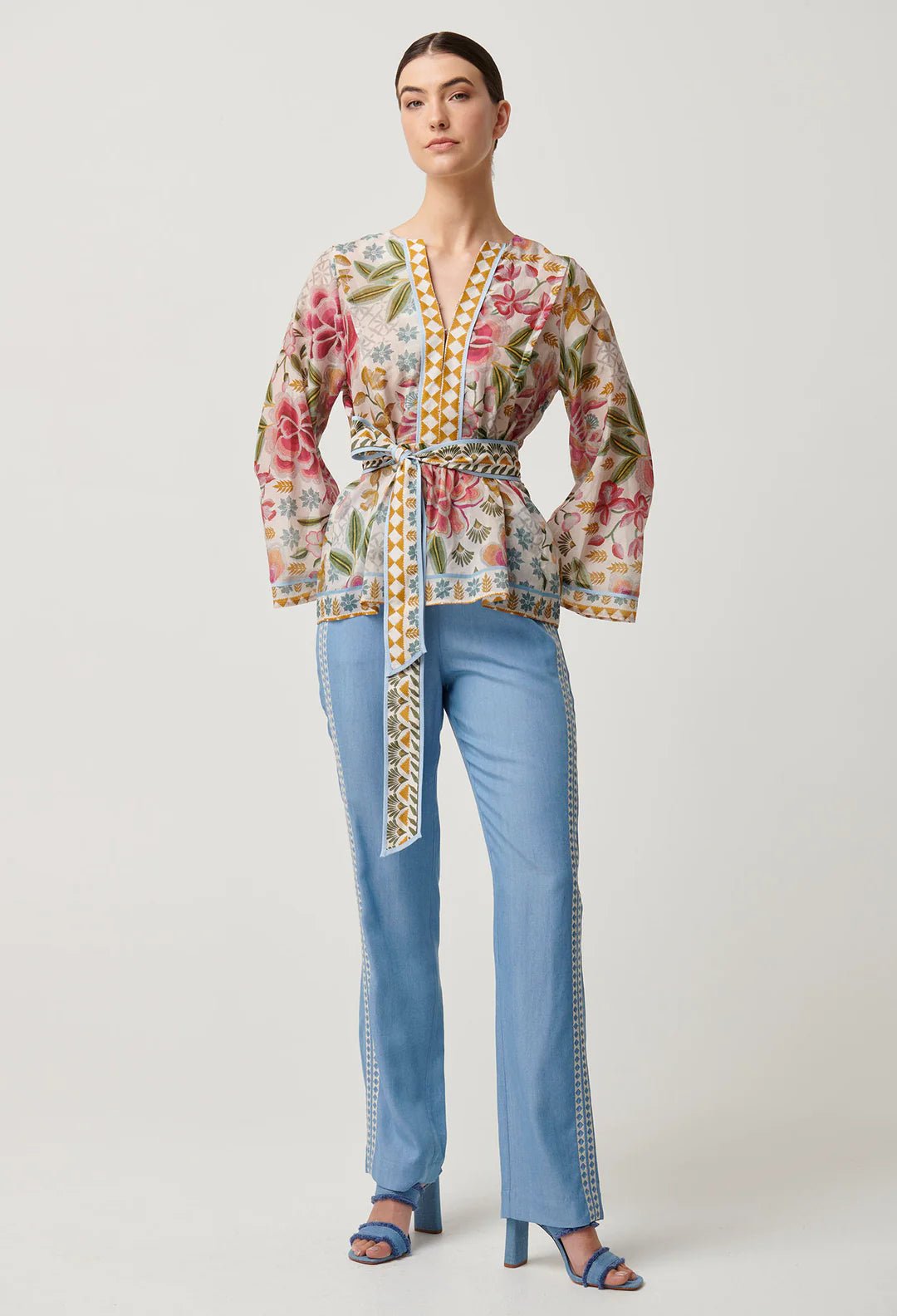 ONCE WAS Emery Cotton Silk PLacement Print Kaftan Tie Top Blouse Once Was