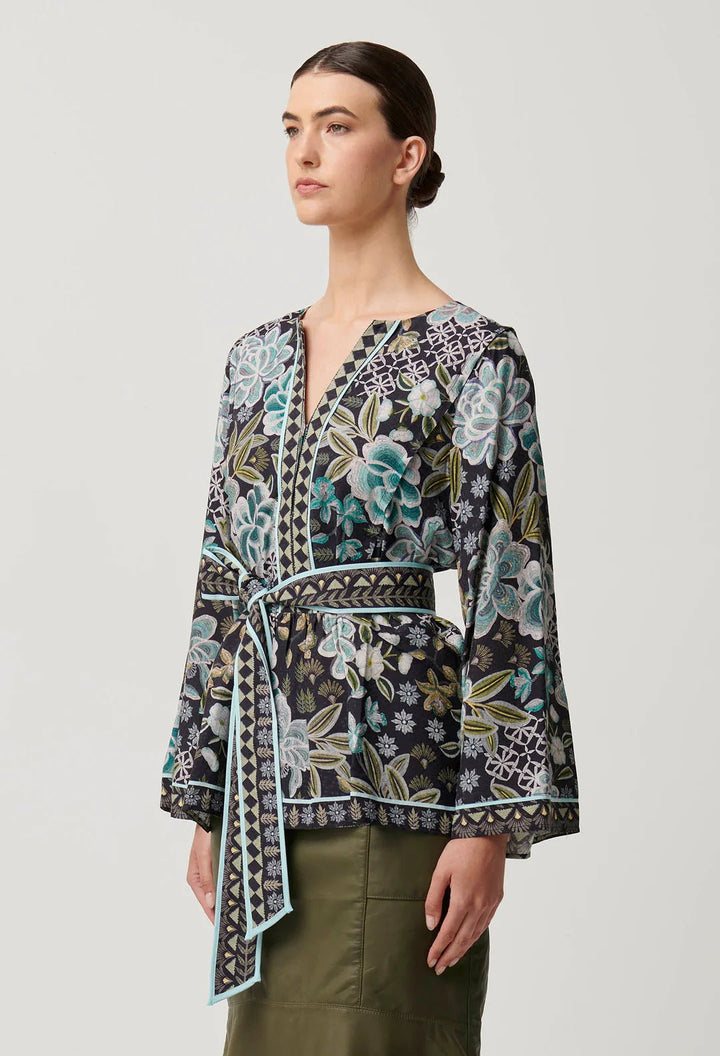 ONCE WAS Emery Viscose Dobby Placement Tie Top - Dahlia Fields Blouse Once Was