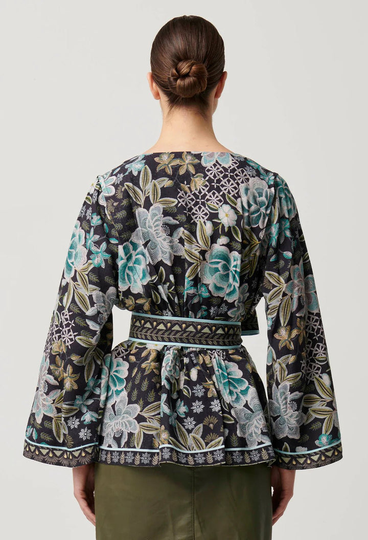 ONCE WAS Emery Viscose Dobby Placement Tie Top - Dahlia Fields Blouse Once Was