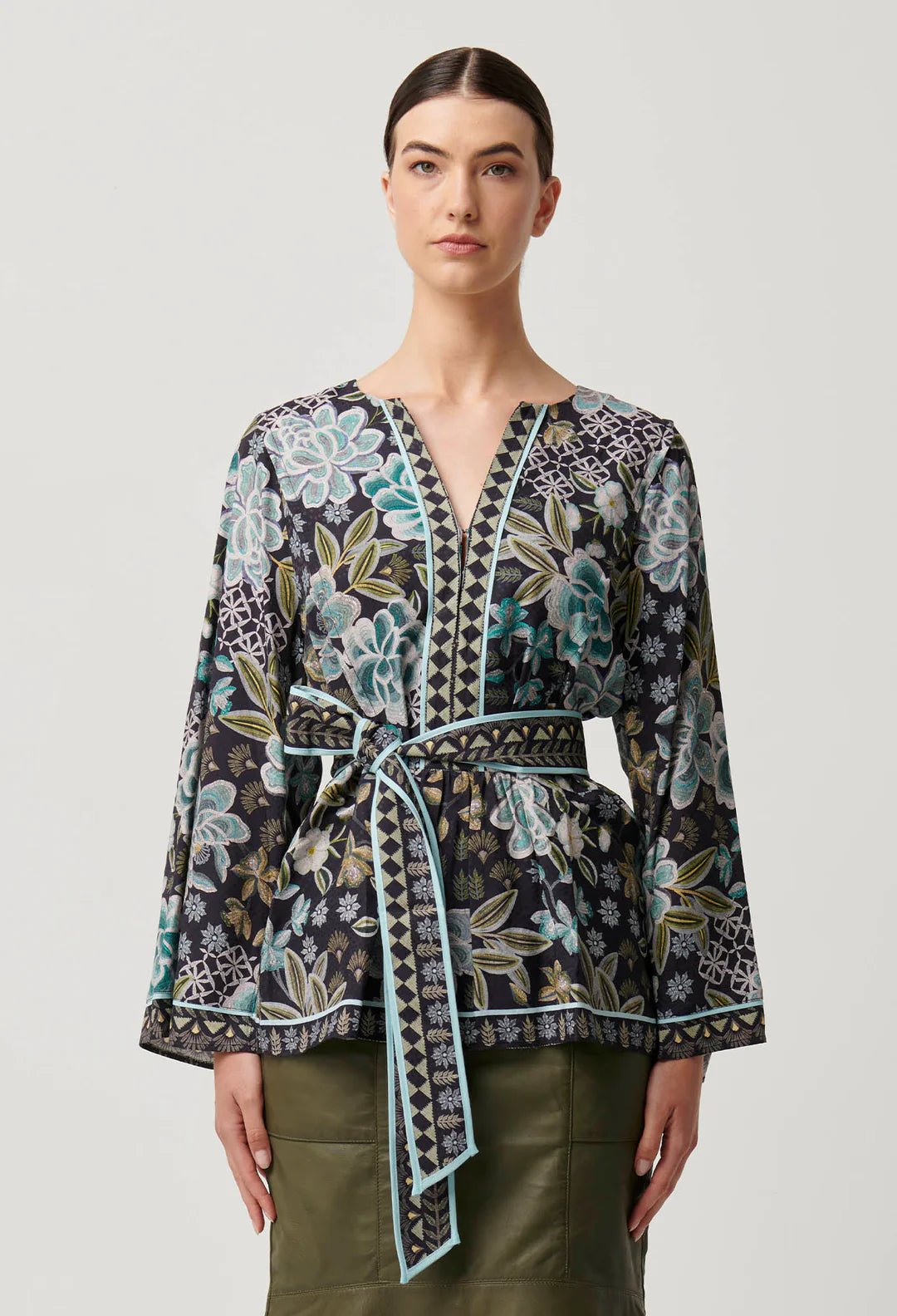 ONCE WAS Emery Viscose Dobby Placement Tie Top - Dahlia Fields Blouse Once Was